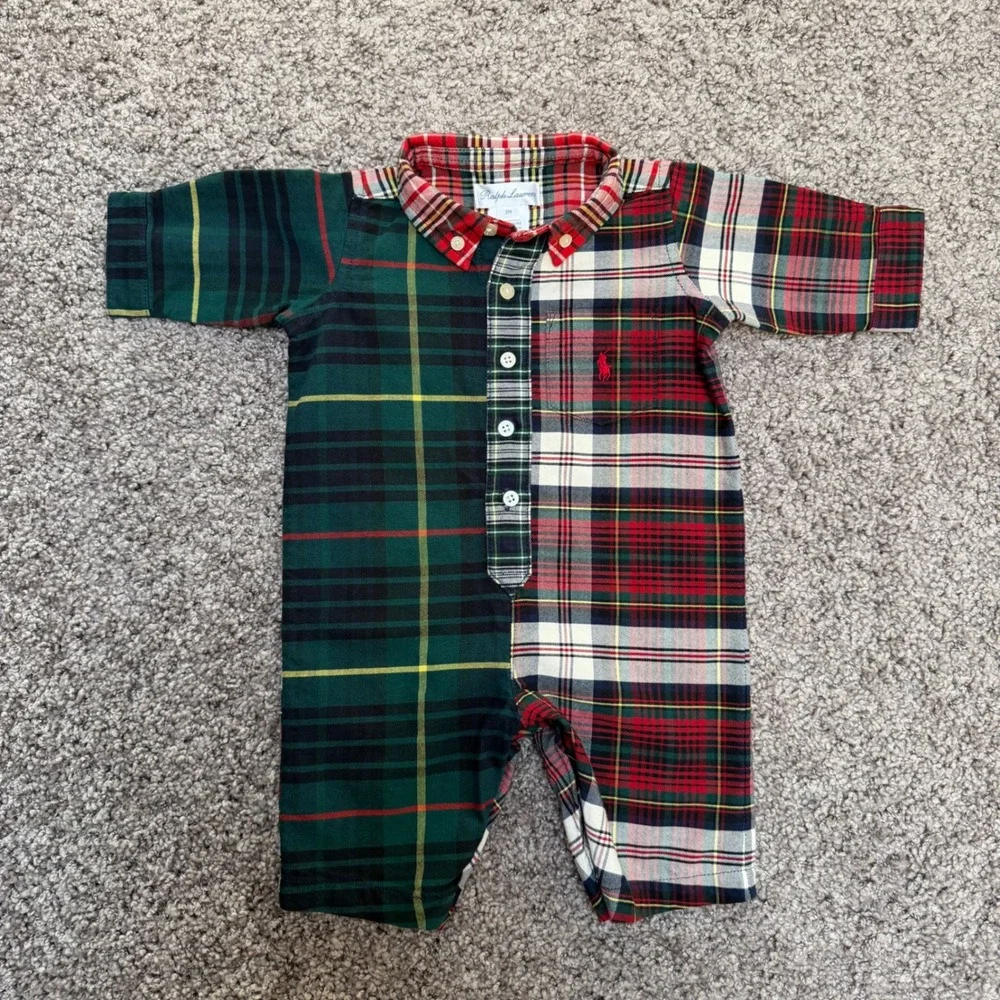 Excellent Ralph Lauren Plaid Colorblock One Piece 100% Cotton Baby Boy 3 Months
